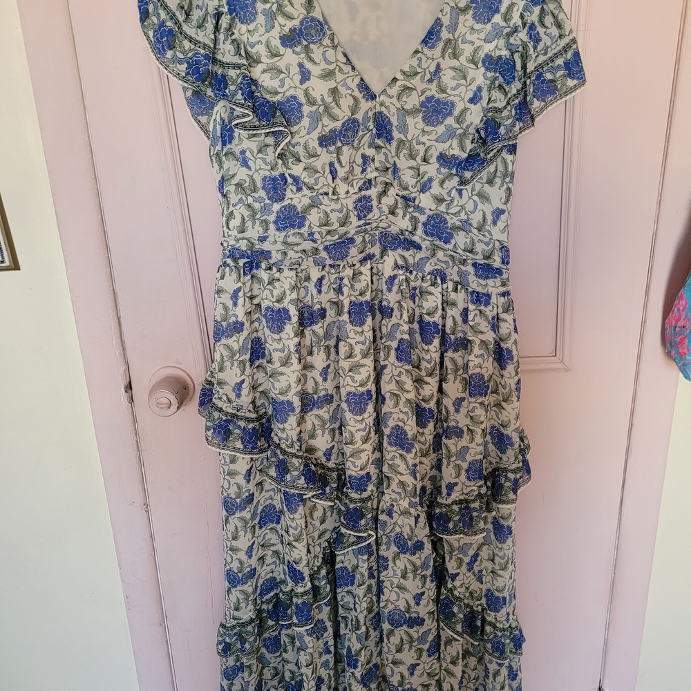 Blue Floral V-Neck Ruffle Midi Dress